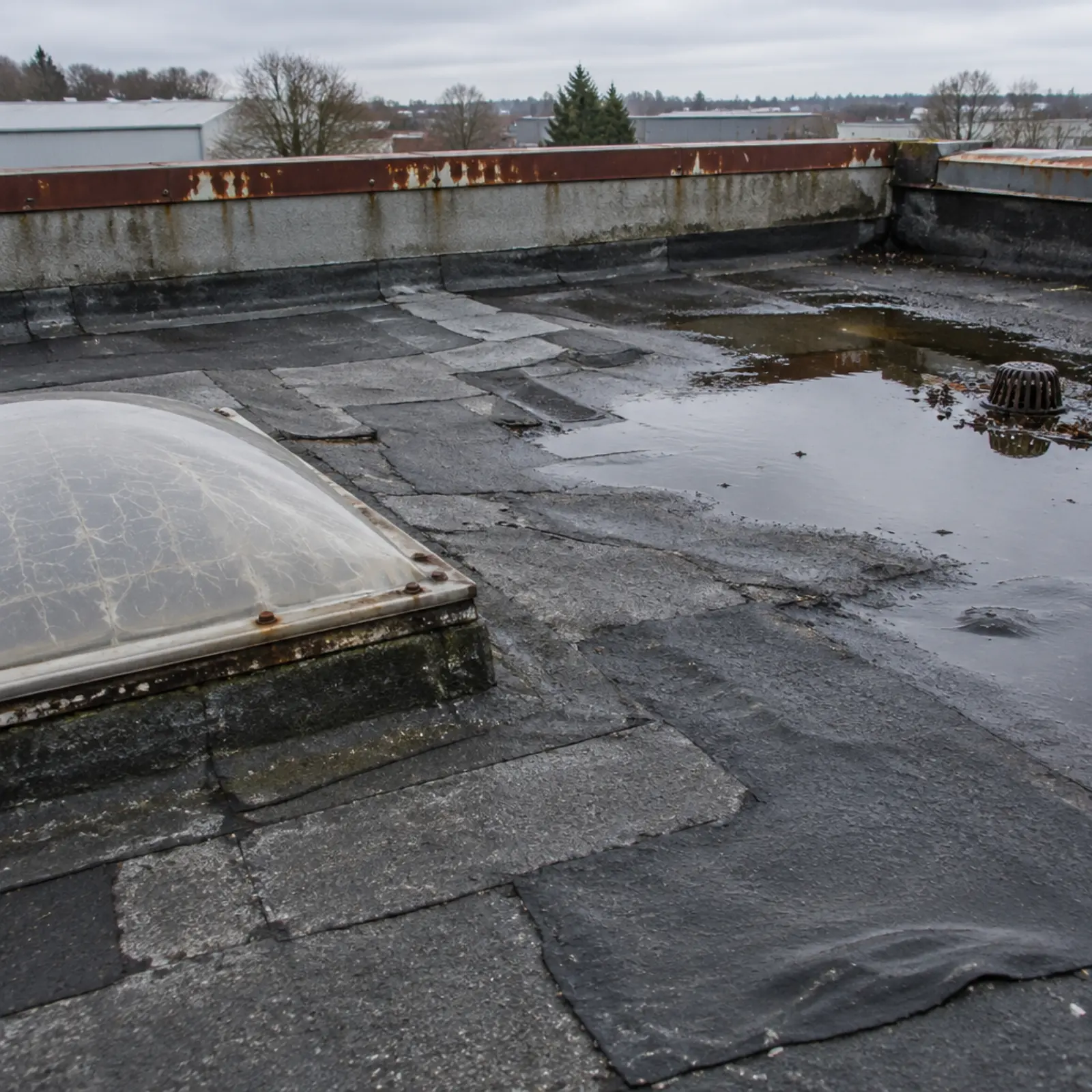 An ageing felt flat roof with patched repairs, blistering and ponding water near an outlet, and a crazed dome rooflight