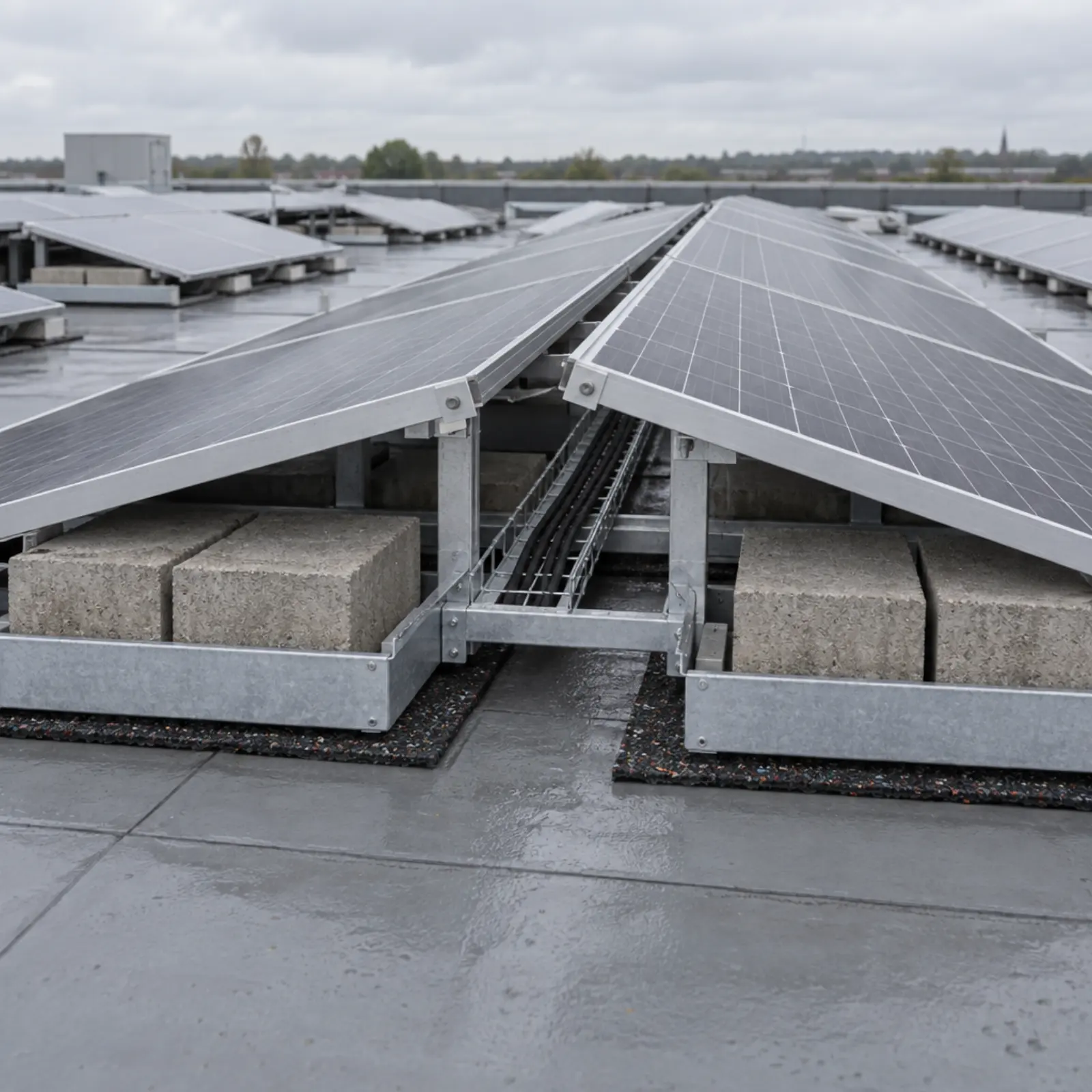 East-west ballasted mounting on a flat roof: paired panels in low tents, ballast blocks in aluminium trays, protection matting on the membrane