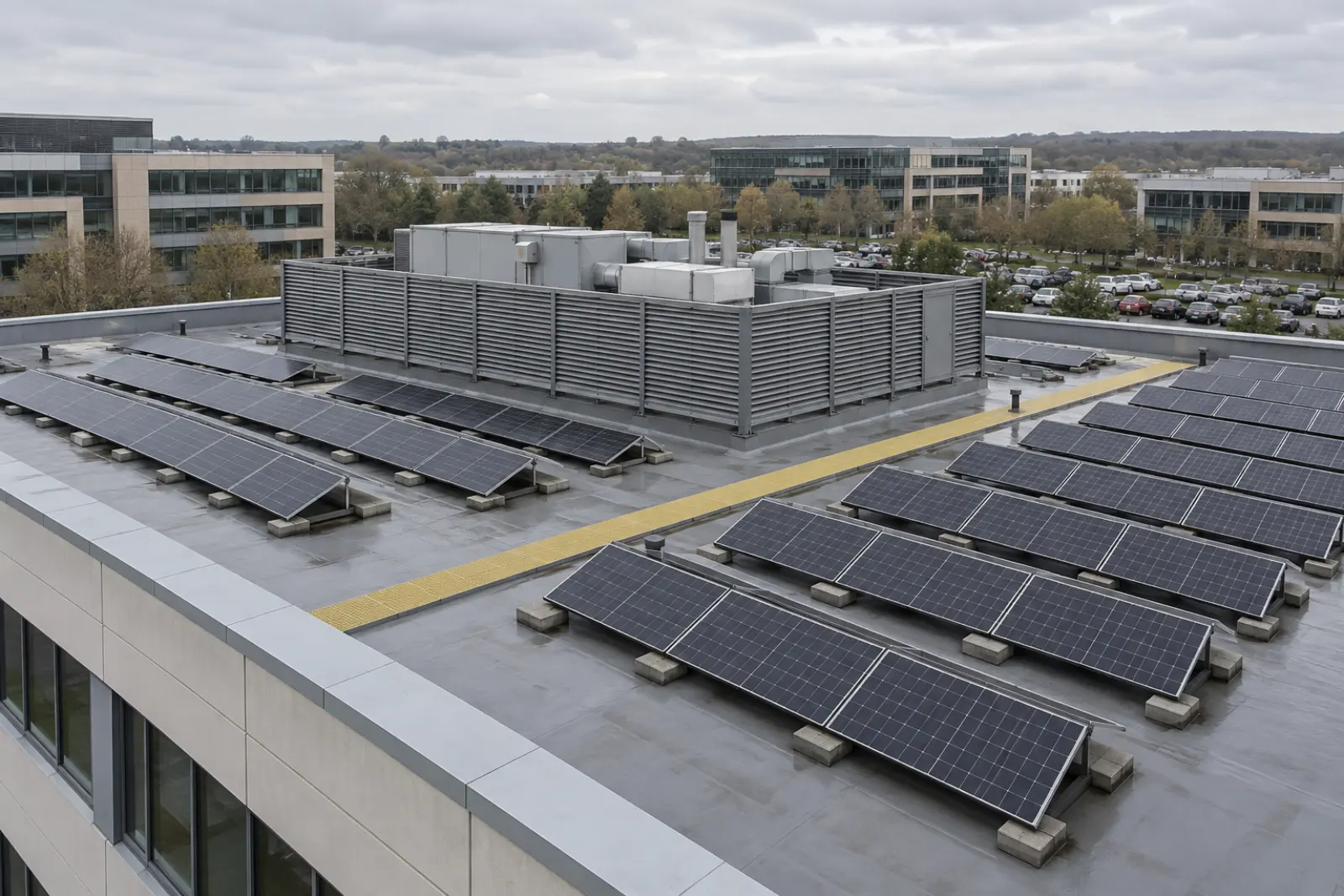 The flat roof of an office building on a business park, with a louvred plant screen and rows of low ballasted solar panels across the open roof around it