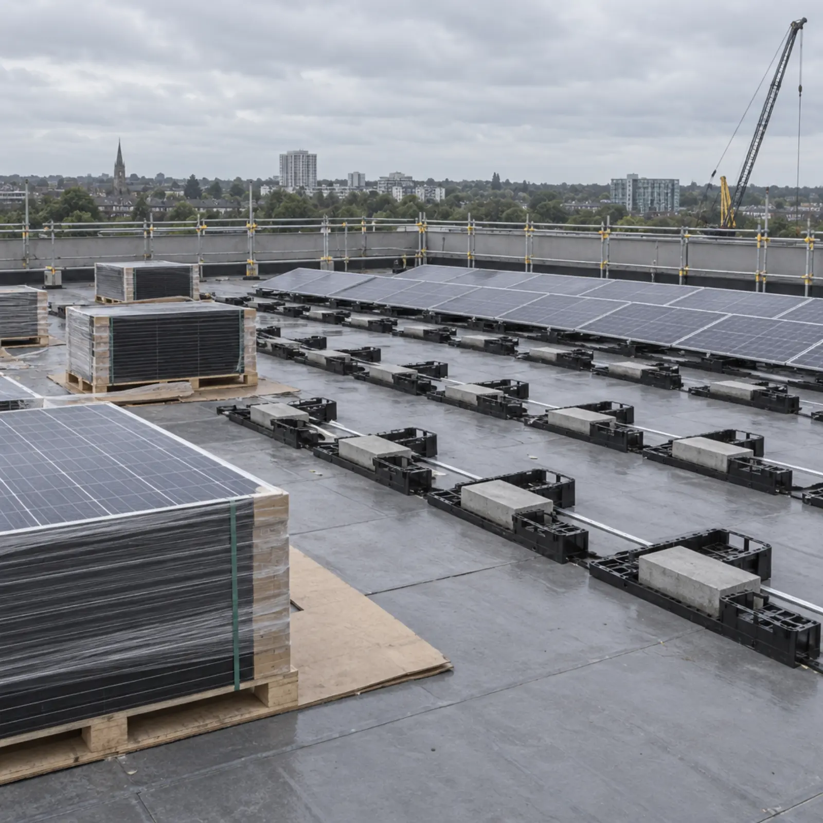 An installation underway on a flat commercial roof: panels staged on boards, ballast trays laid out, one section of array complete, edge protection in place