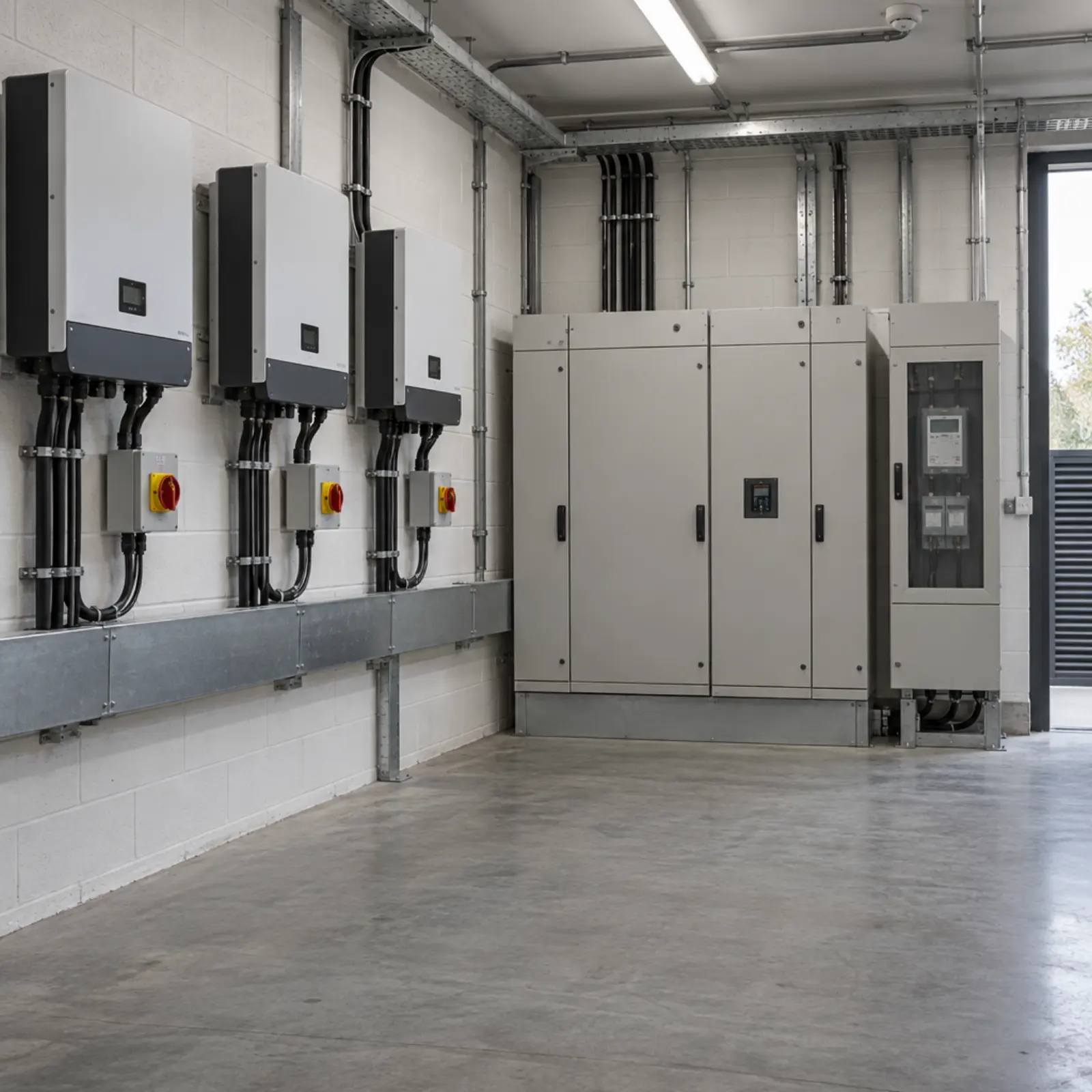 Solar inverters and isolators on a plant room wall beside a three phase switchboard and a half hourly metering cabinet
