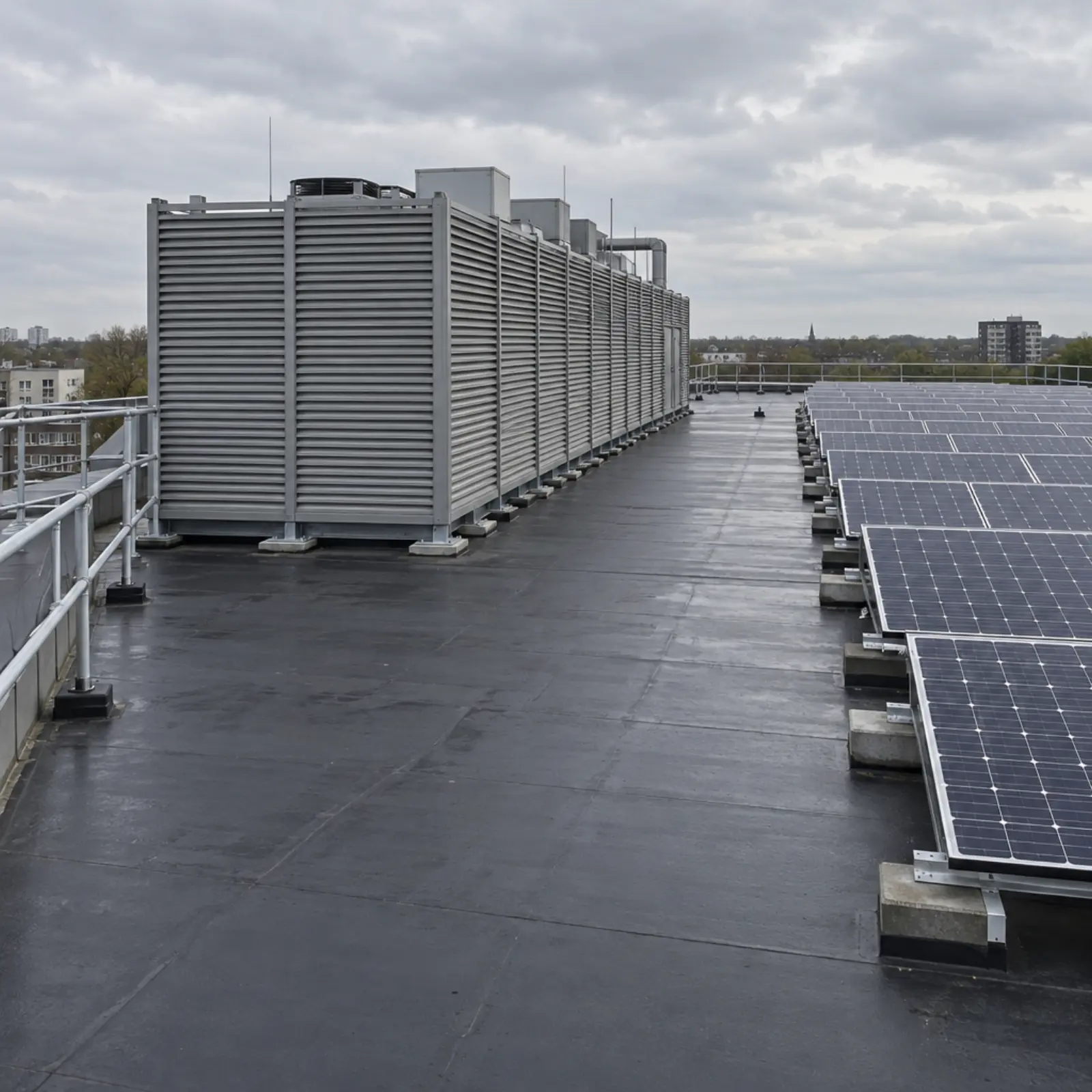A louvred plant screen on a flat office roof, with the solar array set back on its sunny side and the shaded strip beside it left clear