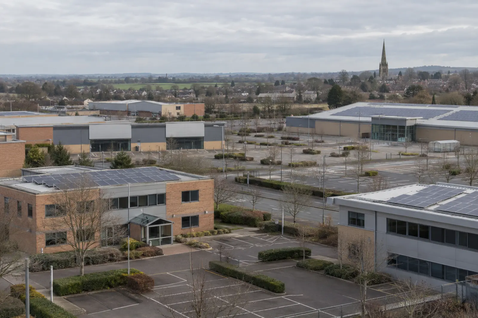 The commercial edge of a Midlands town, a supermarket and low offices with rooftop solar