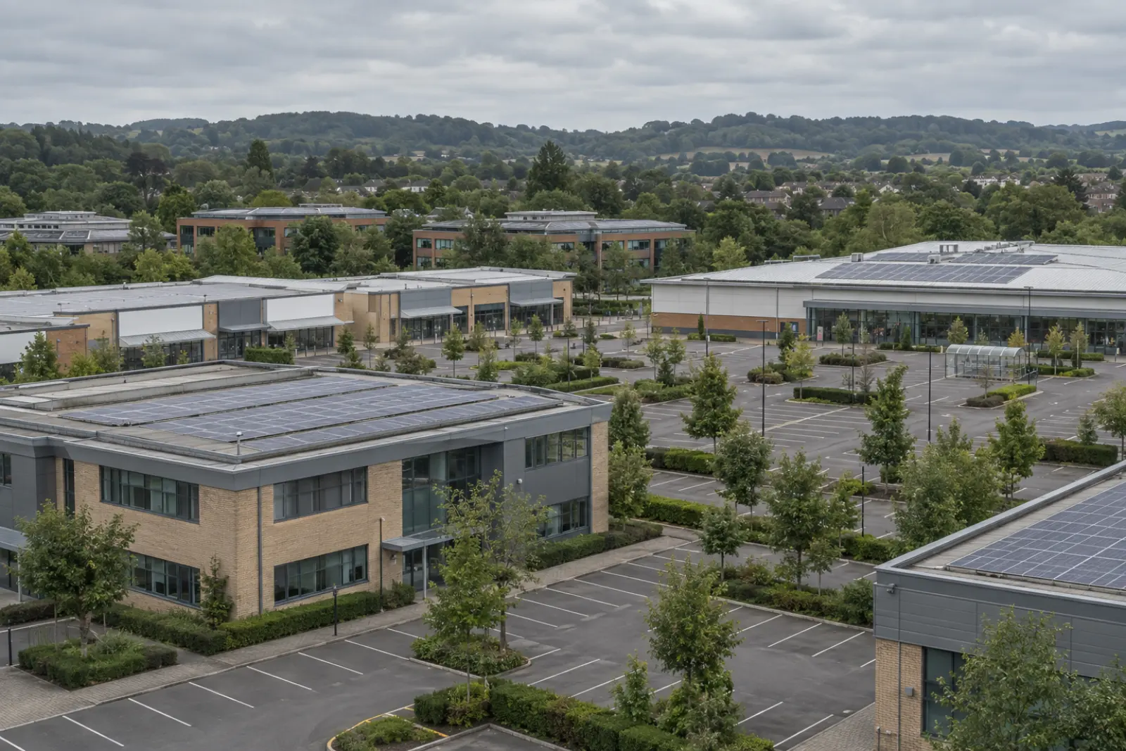 The commercial edge of a Home Counties town, offices and a retail park with solar on several roofs