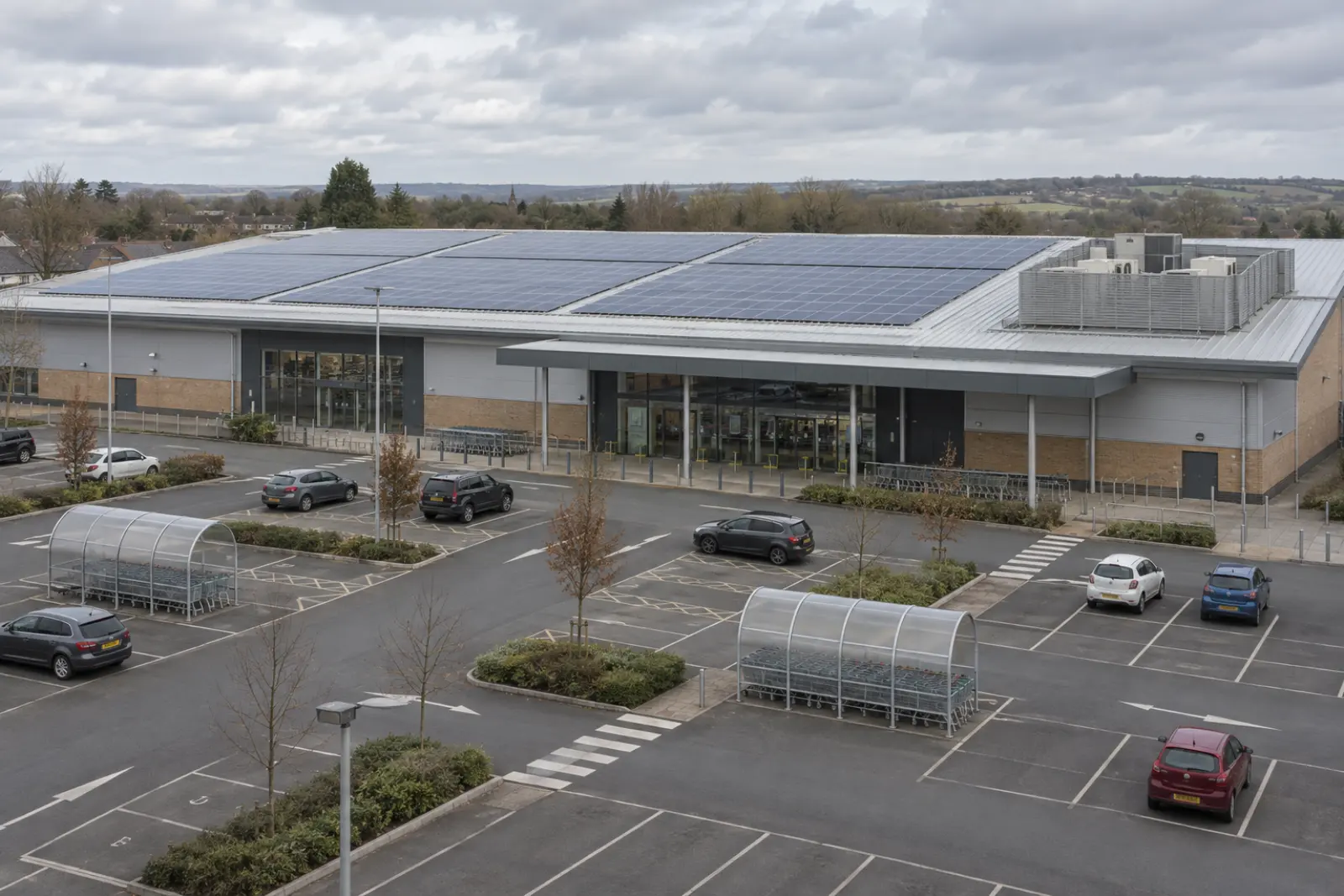 A supermarket roof almost entirely covered in solar panels, with screened refrigeration plant at one end and the car park in front