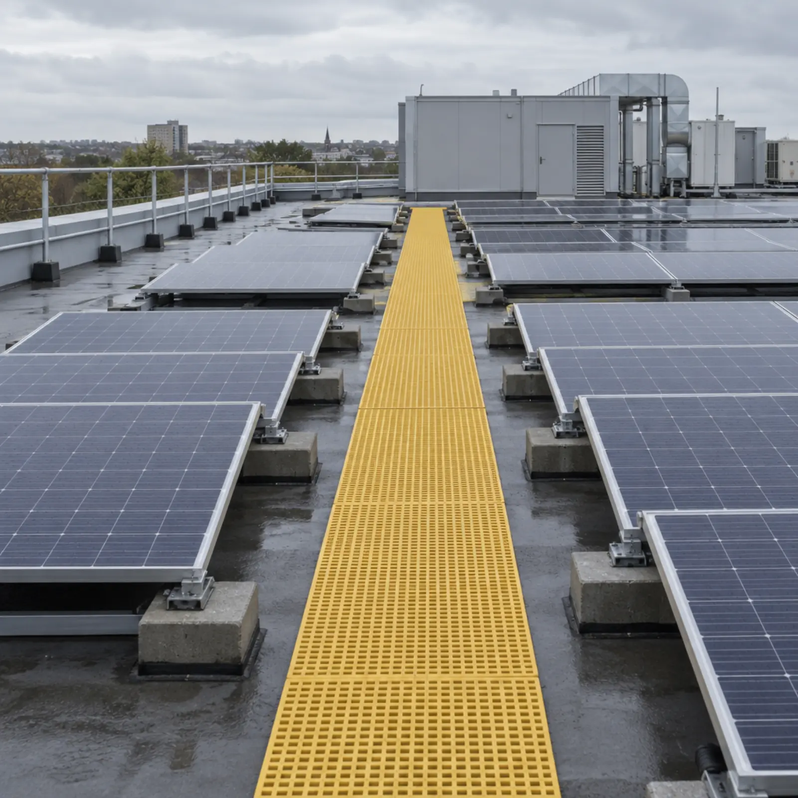 A yellow maintenance walkway across a flat roof between rows of low solar panels, with guardrail along the parapet
